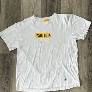 R2 White and Yellow Short Sleeve Tee with Bold Caution Design